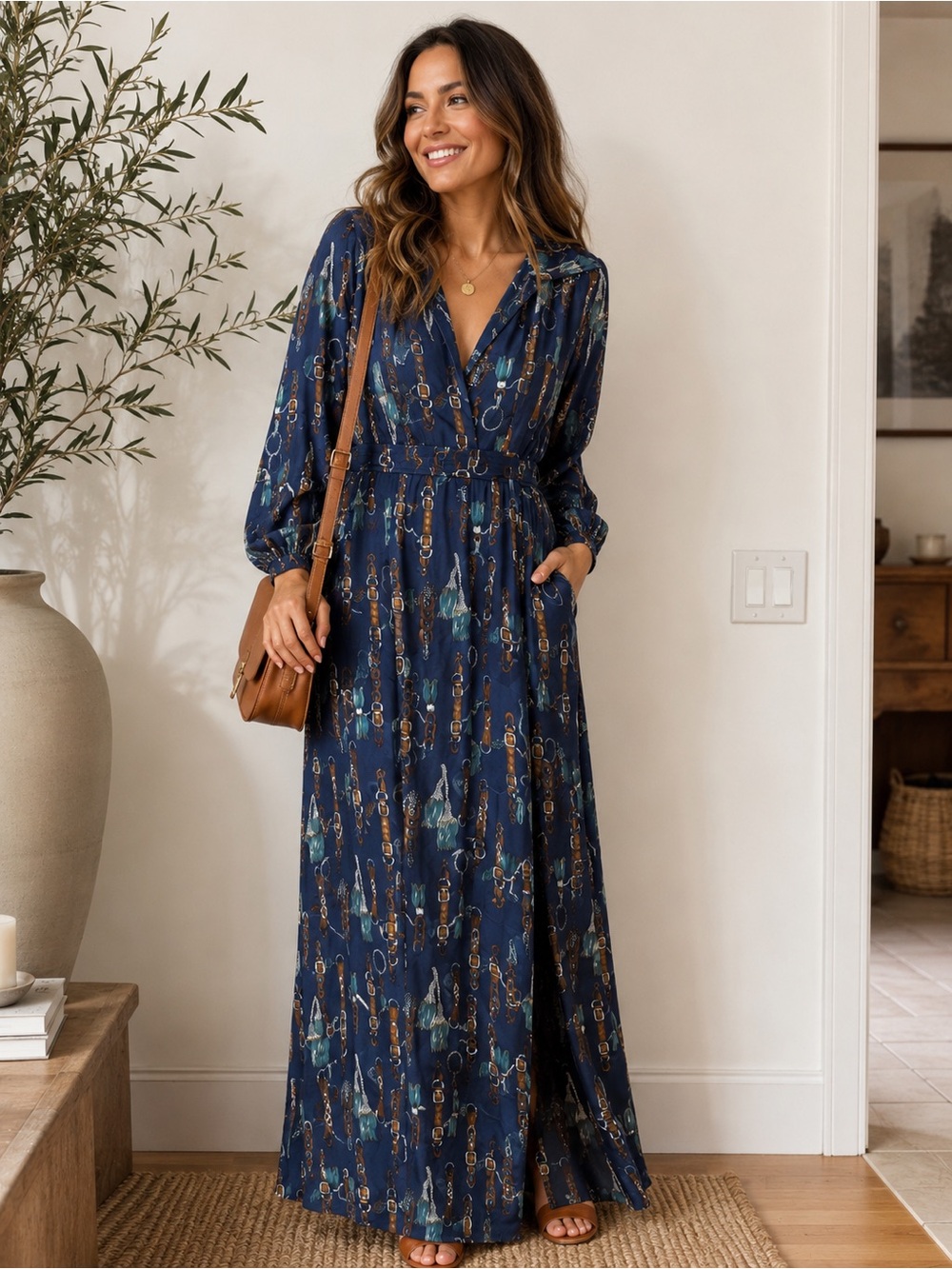 Fashion Nova Navy Blue Printed Long Sleeve Wrap Jumpsuit